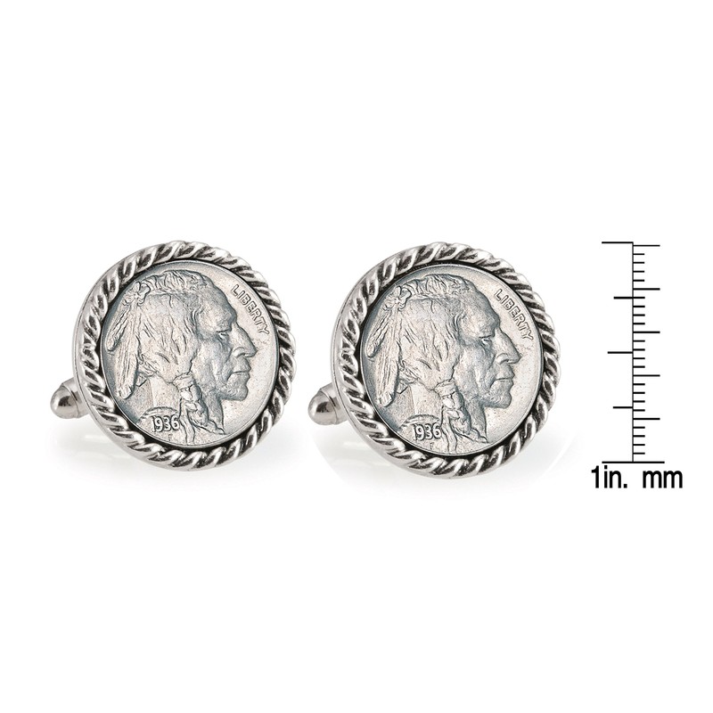 American Coin Treasures Buffalo Nickel Silvertone Rope Bezel Cuff Links