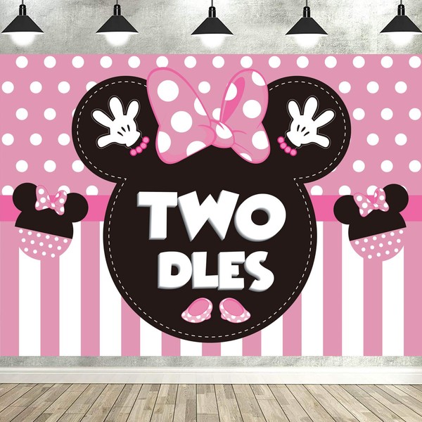 HEETON Minnie Twodles Birthday Party Supplies Decorations Pink Girl Second Fabric Banner Backdrop for Baby Two Years Old 2nd Birthday Photo Props Background -7 x 5ft