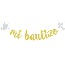 Mi Bautizo Banner, My Baptism, Spanish First Holy Communion, Bridal Shower/Confirmation/Baby Shower Party Decorations Gold Glitter