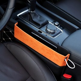 MEEWOO Car Seat Organizer with Gap Filler, 2-in-1 Luxurious Alcantara Storage Box and Leather Seat Console Gap Filler Drop Blocker Stopper Accessories for Sedan SUV Truck Van (Black/Orange, 1 Set)