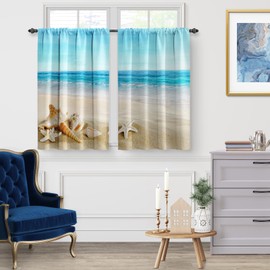 Jekeno Ocean Beach Kitchen Curtains - Summer Starfish Seashell Tropical Sea Sky View Print Decor Home Bedroom Living Room Rod Pocket Window Drapes 2 Panels Set, 56"x36"