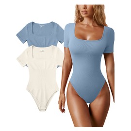 OQQ Women's 2 Piece Bodysuits Sexy Ribbed One-Piece Square Neck Short Sleeve Bodysuits, Blue / Beige, M