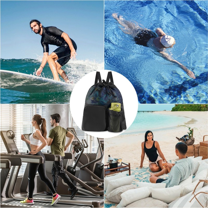 Leikedun Swimming Bag Mesh Drawstring Backpack for Adults Kids, Waterproof