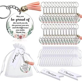 Dolemay 48PCS Appreciation Acrylic Keychain,Floral Circle Acrylic Keychain with Tassels Organza Bags and Thank You Cards Thank You Keychains Employee Teacher Mother Birthday Graduation Gift
