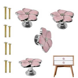 YDDXAQHB 4pcs Petal Handles Zinc Alloy Single Hole Flower Shape Inlaid Rhinestone Drawer Pull Kitchen Handle for Dresser Closet Furniture Handle（Pink Silver）