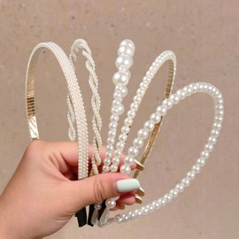 WOVOWOVO 5 Pcs Pearl Headbands for Women Non Slip White Pearl Hairbands Fashion Bridal Headband for Wedding Party Pearls Hair Accessories for Girls