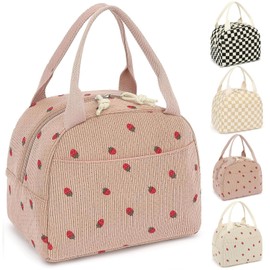 Lunch Bag for Women Girls Cute Corduroy Lunch Tote Bags Reusable Insulated Lunch Box Large Capacity Reusable Insulated Cooler for Work Picnic or Travel(Pink Strawberry)