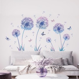 TOARTI Large Wall Tattoo Dandelion, Blue Wall Sticker for Children's Room, Girls, Wall Tattoo Dandelion for Bedroom, Butterfly Plants Flowers Wall Sticker for Baby Room Living Room Wall Decoration