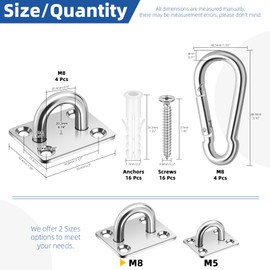 GLARKS 40pcs M8 Stainless Steel Pad Eye Plate Hook and Snap Hooks Kit, Square Eye Plate U Hooks Heavy Duty Ceiling Hooks and Carabiner Clips Snap Hook for Ceiling, Mounting Hanging Hardware