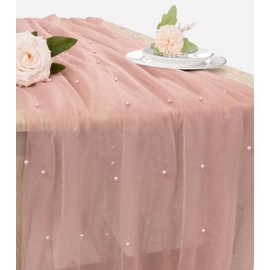 JALANCY Pearl Table Runner 29 x 120 Inch Tulle Fabric Lace Table Runners Boho Rustic Tablecloth for Bridal Shower Birthday Party Wedding Arch Aisle Veil Dessert Table Decor(1 Pack, Dusty Pink)
