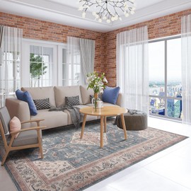 DECOMALL BELIDA Washable Area Rugs, Traditional Vintage Non-Slip Carpet for Bedroom Living Room Dining Room, Blue 5’x7’