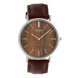 Oozoo Flat Vintage Women’s Watch with Wooden Clock Face and Leather Strap in 40 mm, Strap.