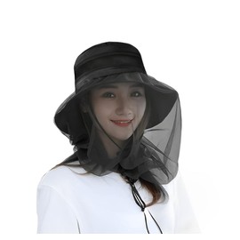 Breathable Mosquito Head Net Hat Wide Brim Sun Protection Bucket Cap Quick Drying Beach Fisherman Hat Outdoor Sports Hats for Fishing Hiking Camping Gardening Black