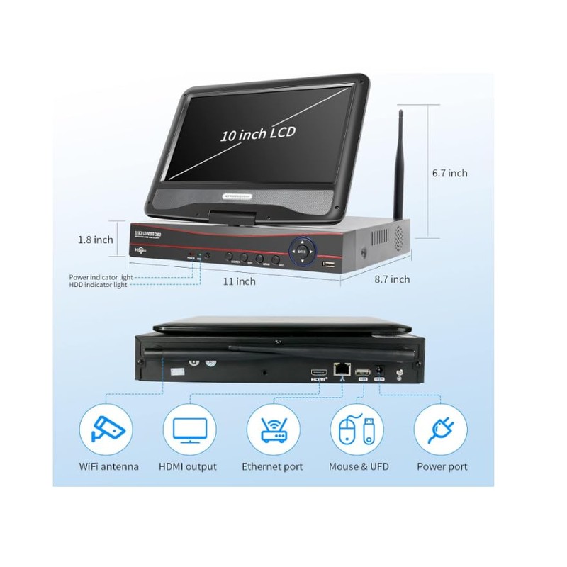 【No HDD】 10'' LCD Wireless WiFi NVR 10 Channels Network