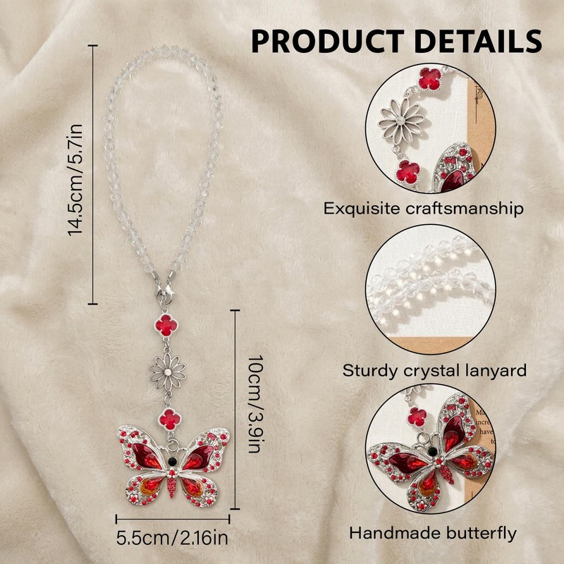 Butterfly Car Accessories Rearview Mirror Hanging Charm, Crystal Suncatcher Car