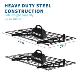 Black 2-Pack Heavy Duty Garage Wall Shelves 48x24 inch with Anti-Slip Hex Screws, Modular Tool-Free Setup, Hooks & Hanging Rods, 400 lbs Capacity, Grid Design for Custom Storage