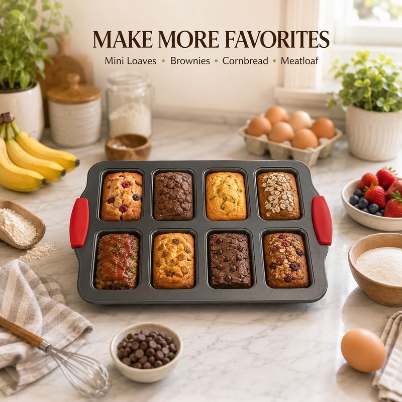 Mini Loaf Baking Pans, 2 Pack 8-Cavity Carbon Steel Banana
