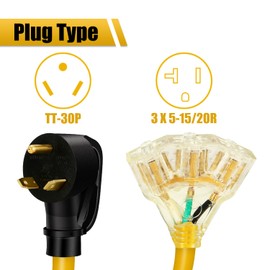 PLIS 30 Amp to 120V RV Distribution Adapter, Nema TT-30P Male to 3 X 5-15R/5-20R Female 1.5 FT, 3-Prong Household Outlet with Lighted End