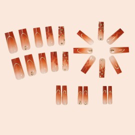 Press on Nails Long Square Nails Rhinestones False Nails Flowers Gold Foil Lines Design Fake Nails Artificial Acrylic Nails Full Cover Glossy Reusable Coffin Nails Glue on Nails for Women 24Pcs