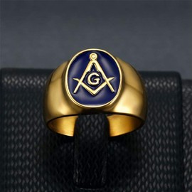 INRENG Stainless Steel Gold Plated Freemason Masonic Rings for Men Women Blue G Lodge Master Mason Signet Band Size 10