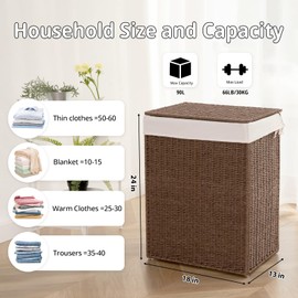 OIAHOMY Laundry Hamper with Lid, 23.8 Gal (90L) Wicker Hamper with Removable Liner Bags, Handwoven Clothes Basket with Handles, Foldable Woven Paper Rope Basket for Laundry Room, Bedroom-Brown