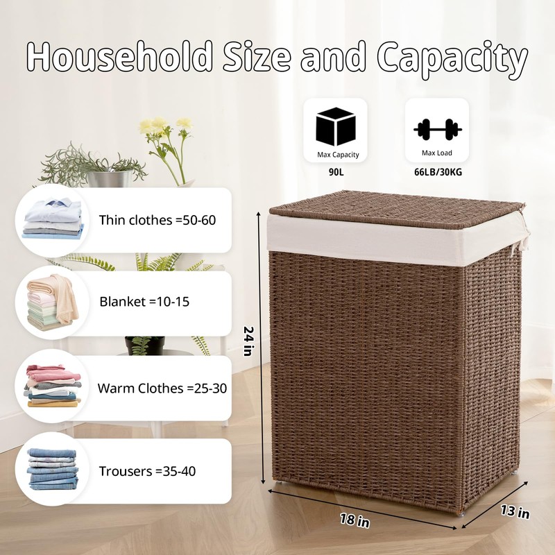 OIAHOMY Laundry Hamper with Lid, 23.8 Gal (90L) Wicker Hamper