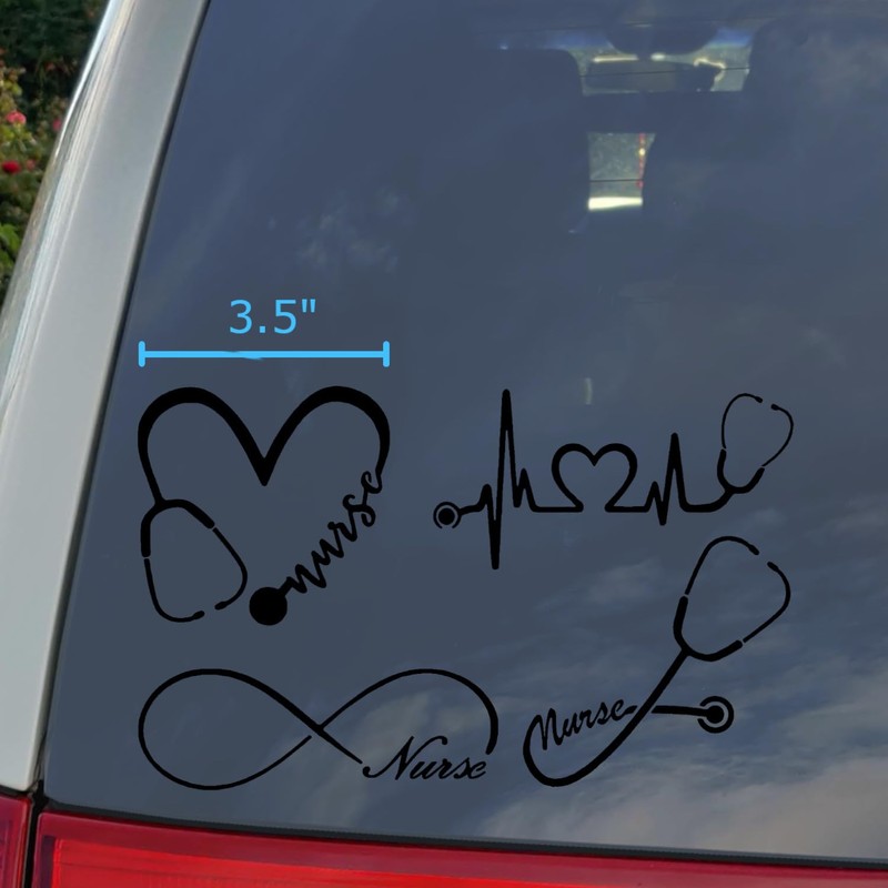 Nurse Decal Pack: Heart, Heartbeat, Infinity, Stethoscope (Black, Small 3.5")