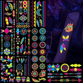 HASTHIP® 10 Hojas Tatuajes Temporales Luminosos en la Oscuridad,Pegatinas UV Neón Impermeables para Cuerpo y Rostro,Diseños Variados Geométricos y Div