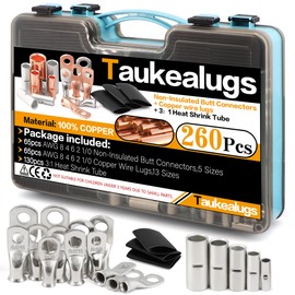 130Pcs Battery Ring Terminals Crimp Connector AWG8 4 6 2 1/0 Gauge Tinned Non Insulated Copper Lugs Cable Wire Ends Assortment, 130pcs 3:1 Heat Shrink Tube kit in Two-Side Box