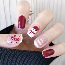 Folmywy Christmas Press on Nails 24pcs Short Almond Snowflake Red Fake Nail Glossy Artificial Nails Full Cover Xmas Detachable Manicure for Women and Girls