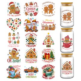 Christmas UV DTF Cup Wraps - 16 Sheets Cute Gingerbread Man UV DTF Cup Wrap for 16 oz Tumbler, Snowman Snowflake Gnome Transfer Sticker for Water Bottle Craft Decal Decoration Holiday Gift for Women