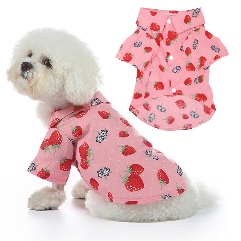 Dog Summer Shirts Cute Strawberry Print Turn Down Collar Snap