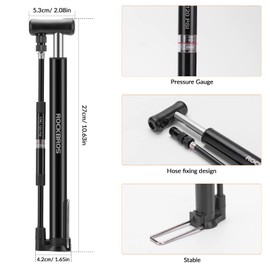 ROCKBROS Bicycle Foot Pump Bicycle Pump 120 PSI with Barometer Presta Schrader Valves Aluminum Black With Bracket Floor Pump