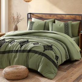MAIREVE Embroidery Queen Size Comforter Sets, Light Olive Green Western Bedding Set Boho 7 Pieces, All Season Farmhouse Bed in A Bag Comforter Set with Sheets, Pillowcases & Shams