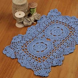 Factory Direct Craft Set of 4 Individual Blue Rectangle Cotton Hand Crocheted Lace Doilies | 12" L x 8" W