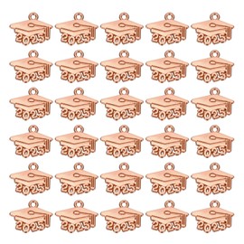 [PATIKIL] 2025 Graduation Tassel Decoration 60pcs Alloy 2025 Bachelor Cap Shape and Letter Decoration Graduation Tassel Graduation Cap Necklace Pendant DIY Key Making Rose Gold Color
