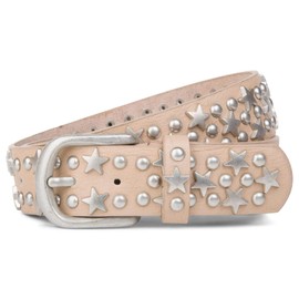 styleBREAKER studded belt with stars and round rivets in vintage style with genuine leather, shortened 03010030, Colour:Beige, size:100cm