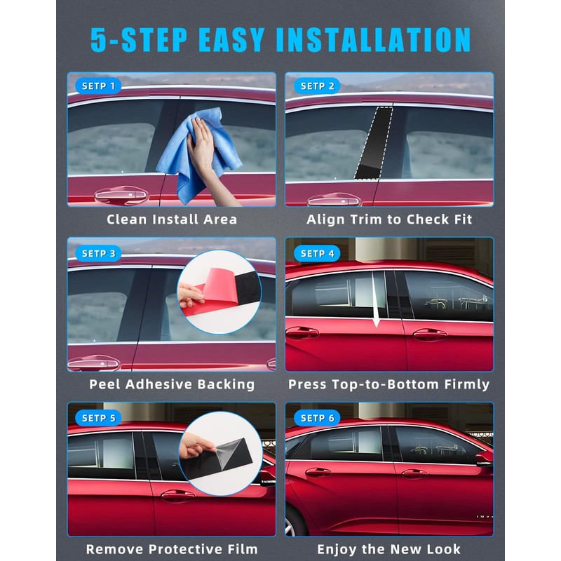 Glossy Black 6pcs Pillar Posts Door Window Trim Fit for