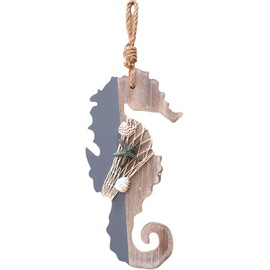 Wooden Decoration Nautical Seahorse With Starfish And Shells Rustic Wall Hanging Ornament Door Plaque Accessory Gifts For Home Office Beach Kitchen Bathroom Shops Restaurant