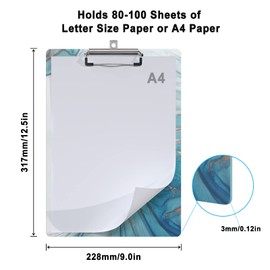 Clipboard Design Decorative Wood A4 Letter Size Clip Boards for Classroom Office, Standard Size 9" x 12.5" with Low Profile Metal Clip - Light Blue Marble
