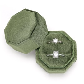 Etercycle Velvet Ring Box, Octagon Gorgeous Vintage Double Jewelry Ring Gift Box with Detachable Lid for Proposal Engagement Wedding Ceremony (Olive Green)