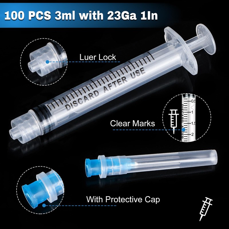 100 Pack 3ml Syringes with Needle-23Ga 1 Inch Needle with