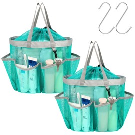 F-color Mesh Shower Caddy Portable with Drawstring - Upgrade Deeper 7 Pockets Dorm Room Essentials for Guys Girls with S Hook, Shower Bag Basket Tote for College Camping Bathroom, 2 Pack Mint Green