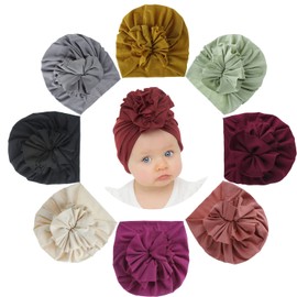inSowni 8 Pack Solid Cotton Nursery Hospital Turban Hats Caps Beanies Bonnets with Flower for Baby Girls Toddlers Newborns Infants Kids