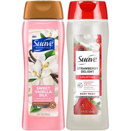 Suave+ Body Wash Variety 2-Pack – Sweet Vanilla Silk & Strawberry Delight for Hydrating and Gently Cleansing Skin, 18 Oz Ea