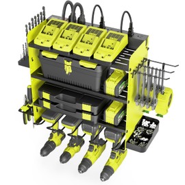 ZEAKOC Power Tool Organizer with Charging Station, 4 Layers Drill Holder Wall Mount, Metal Garage Rack with 8 Outlet Power Strip, Tool Shelve Drill Bit Storage, Christmas Gift for Men Dad(Green&Black)