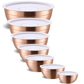 Onlycooker Rose Gold Mixing Bowls With Airtight Lids,Stainless Steel Bowl,Salad Bowls 7 Piece Colorful Nesting Bowl Rose Gold Kitchen Accessories,Size 7,3.6,2.7,2.1,1.5,1.1,0.8QT Stackable Design