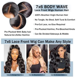 Pobokix Glueless Wigs Human Hair Pre Plucked Pre Cut 250 Density 7x6 Lace Front Wigs Body Wave Closure Wig For Women 100% Human Hair Natural Black Color 24inch