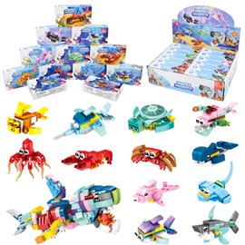 Ulikey Party Bag Children's Birthday Party Favours, Pack of 12 Mini Animals Building Blocks Construction Toy, Montessori Toy, Christmas, Birthday Party Gifts for Children from 3 Years (Sharks-A)