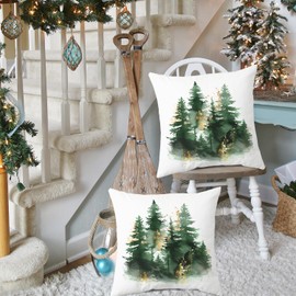 Miaikoe Christmas Cushion Covers 50x50 cm Set of 2 Green Gold Christmas Tree Rustic Decorative Throw Pillows Covers Winter Holiday Decor for Couch Sofa